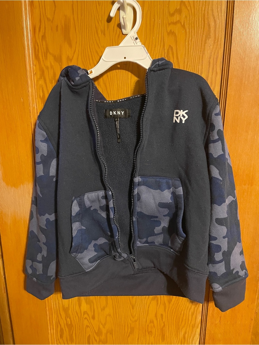 DKNY Navy Hooded Zip Jacket with Blue Camo Sleeves